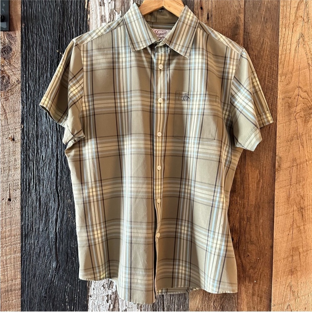Penguin green cream blue black plaid button up short sleeve shirt M flawless